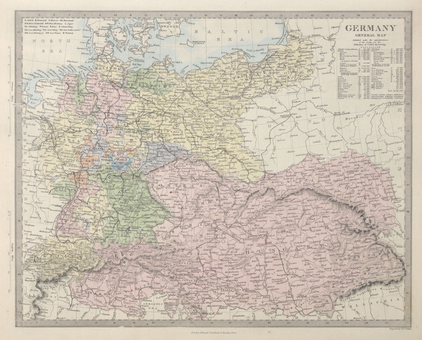 GERMANY General Map. Austria-Hungary & Switzerland. Population table. SDUK 1857